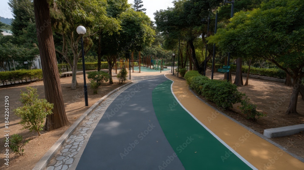 Obraz premium Curved Path in Friendly Park for Children Surrounded by Lush Green Trees