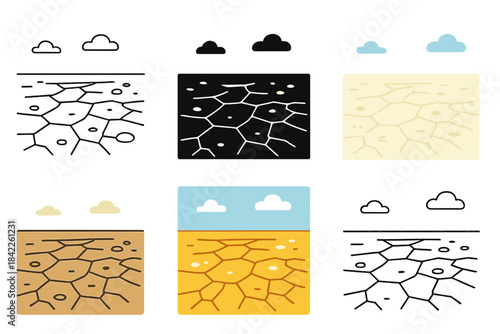 Cracked Salt Pan. Cracked salt pan with scattered mineral deposits under open sky, abstract minimalist vector illustration, first