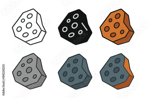 Meteorite Illustration Styles. Angular fragment of iron-rich meteorite with pitted surface, simple minimalist vector illustration,