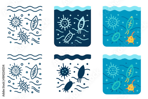 Polar Marine Psychrophiles. Marine psychrophiles beneath polar ice sheet, stylized plankton and microbial dots drifting in cold