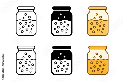 Bubbling Sourdough Starter. Glass jar filled with bubbling sourdough starter, bubbles rising through thick mixture symbolizing