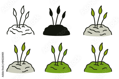 Moss Sprouting on Stone. Minimalist close view of moss filaments sprouting from stone pores, delicate texture and subtle vitality,