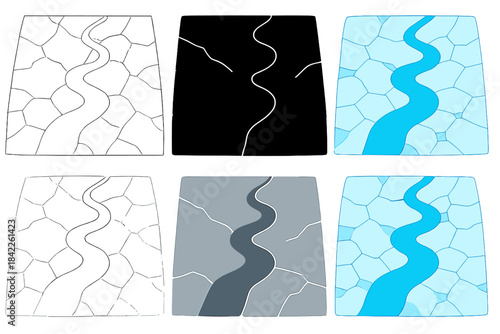 Winding Glacial Stream. Top view of winding glacial stream cutting across ice field, contrasting cool tones and flowing geometry,
