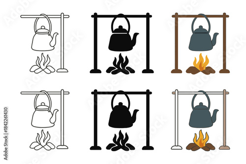 Rustic Kettle Warmth. Old kettle hanging above small peat fire, minimalist depiction of rural comfort and timeless rhythm, first