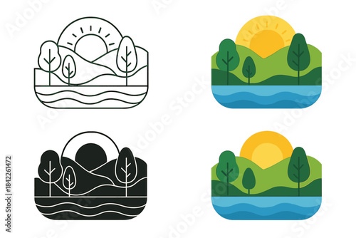 Abstract Nature Layers. Layered perspective of trees, water, and sky creating depth illusion, clean abstract representation of