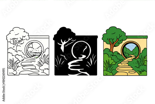 Garden Pathway Designs. Traditional garden path leading to circular moon gate, soft curvature creating sense of invitation and