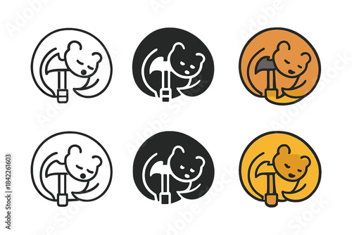 Bear and Moon Icons. Sleeping bear curled around a hammer and moon emblem, simple minimalist vector icons, first in line style