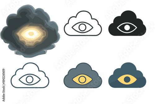 Luminous Storm Eye. Storm cloud with an eye-shaped opening in the center glowing with light, minimalist symbolic icons, first in