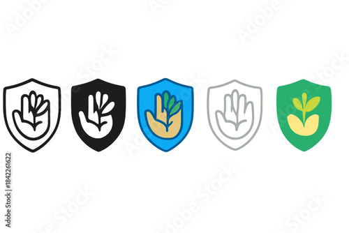 Shield Growth Icons. Shield with a hand imprint and a sprouting plant emerging from the center, simple clean vector icons, first