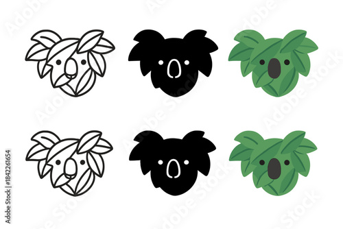 Koala Leaf Artistry. Stylized koala face formed from overlapping eucalyptus leaves, minimalist symbolic icons, first in line style