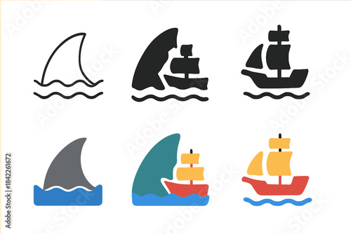 Shark and Ship Icons. Shark fin and ship forming a balanced composition of danger and adventure, minimalist symbolic icons, first