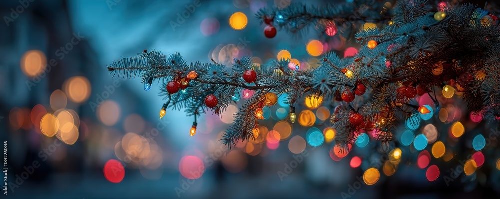 Fototapeta premium Close-up of Christmas lights on an evergreen branch with colorful bokeh glow and festive mood