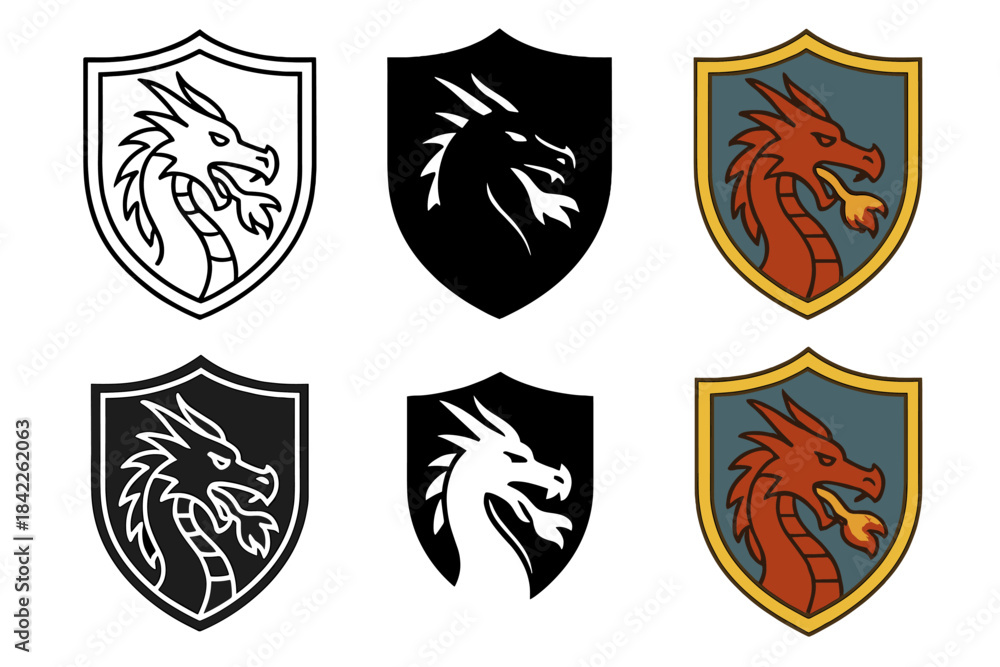 Fototapeta premium Dragon Shield Designs. Medieval shield featuring dragon head motif breathing protective flame, strong contrast, first in line