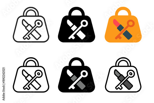 Lipstick and Key Artistry. Lipstick and key crossed in front of purse silhouette, balanced composition, first in line style with