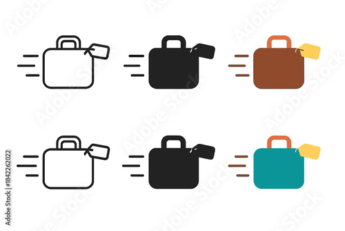 Suitcase Silhouette Variations. Suitcase silhouette with attached rectangular tag blowing in motion, subtle travel theme, first in