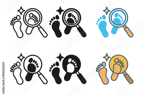 Footprint Investigation Art. Magnifying glass with sparkle effect above clear footprint outline, investigative theme, first in