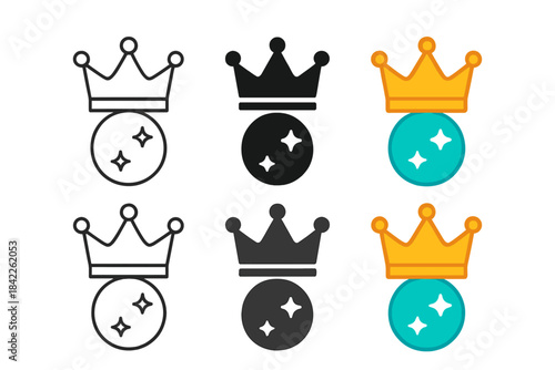 Crown and Jewel Emblem. Crown resting above shining jewel orb, minimalist power emblem, first in line style with thin outline,