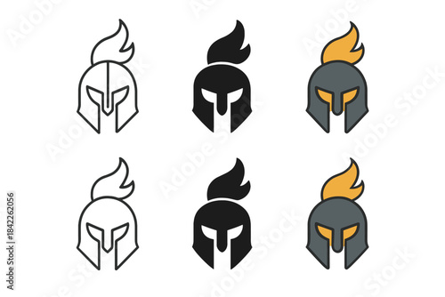 Warrior Helmet Icons. Helmet icon with flame-shaped plume representing fierce warrior spirit, clean minimal geometry, first in