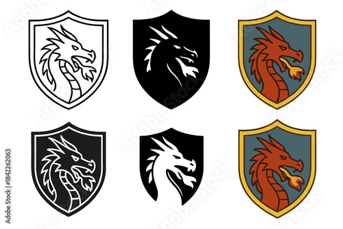 Dragon Shield Designs. Medieval shield featuring dragon head motif breathing protective flame, strong contrast, first in line