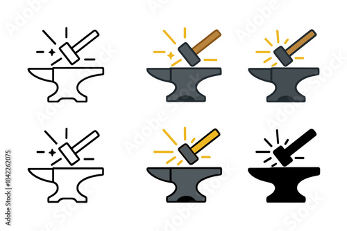 Anvil and Radiant Sparks. Anvil with hammer shadow cast across it, sparks forming light rays, balanced linear shape, first in line