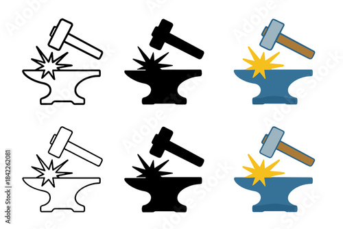 Sparks Fly on Anvil. Hammer striking anvil with bright spark burst, bold balanced silhouette, first in line style with thin