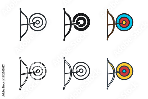 Minimalist Archery Icons. Minimal bow and arrow icon aligned toward bullseye, elegant focused energy, first in line style with