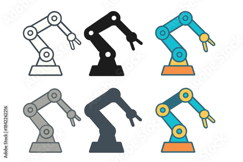 Stylized Robotic Arms. Robot arm silhouette with articulated joints extended forward, modern geometric style, first in line style