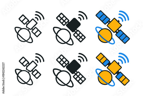 Satellite Styles Showcase. Satellite silhouette tilted with orbit ring circling planet, signal wave symbol beside, first in line