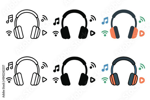 Headphone Icon Evolution. Wireless headphones with music streaming icons surrounding, first in line style with thin outline,