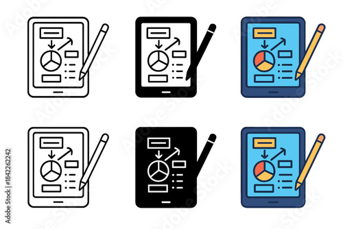 Tablet Drawing Styles. Portable tablet with stylus drawing diagrams and notes, first in line style with thin outline, second in