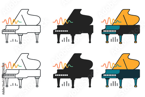 Grand Piano Art Styles. Grand piano side view with keys and visual music waves, first in line style with thin outline, second in