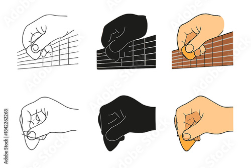 Guitar Strumming Styles. Hand holding guitar pick strumming chords on a guitar neck, first in line style with thin outline, second