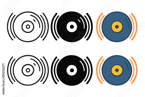 Vibrant Vinyl Variations. Vinyl record icon with sound waves radiating outward, first in line style with thin outline, second in