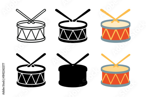 Snare Drum Styles. Snare drum with sticks creating beat patterns, first in line style with thin outline, second in solid style