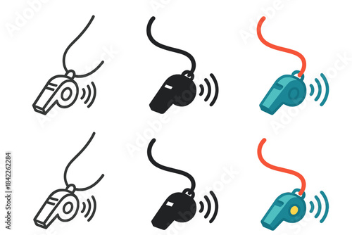 Whistle Art Styles. Whistle with lanyard swinging and visual sound waves, first in line style with thin outline, second in solid