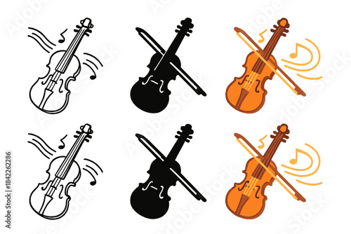 Stylized Violin Melody. Violin with bow gliding across strings producing melody, first in line style with thin outline, second in