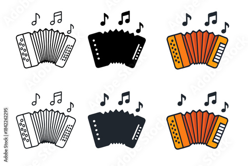 Accordion Style Evolution. Accordion with bellows expanding and musical notes floating, first in line style with thin outline,