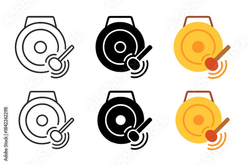 Meditative Gong Vibrations. Large meditation gong with mallet striking and rippling sound waves, first in line style with thin