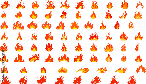 Collection of fire elements and stylized flame illustrations, showcasing burning effects, vibrant blazes, and energetic fiery shapes for creative projects