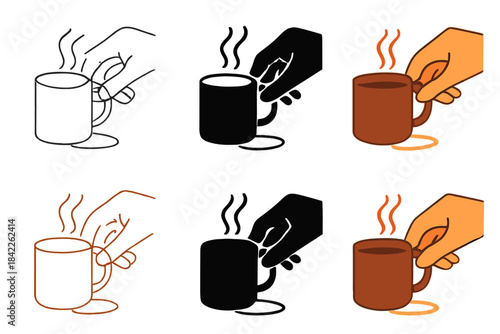 Artistic Coffee Mug Series. Hand placing coffee mug leaving subtle stain and aroma lines, first in line style with thin outline,