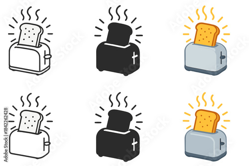 Dynamic Toast Ejection. Toaster ejecting toast with glowing motion lines and steam arcs, first in line style with thin outline,