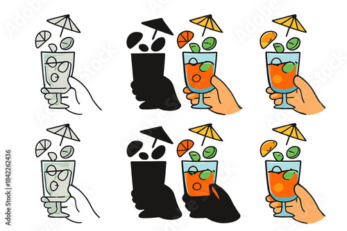 Vibrant Cocktail Styles. Hand holding cocktail with umbrella and floating fruit slices, first in line style with thin outline,