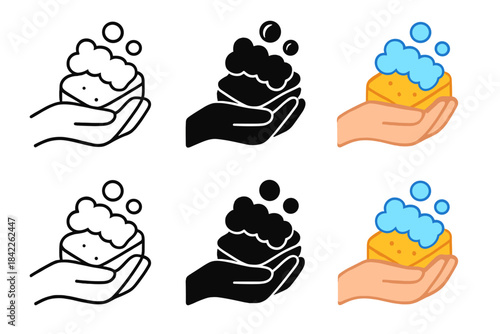 Sponge Styles Collection. Hand holding sponge with foam and animated soap bubbles, first in line style with thin outline, second