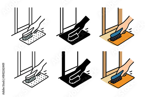 Stylized Brooms Collection. Hand sweeping brush near doorway mat first in line style with thin outline, second in solid style