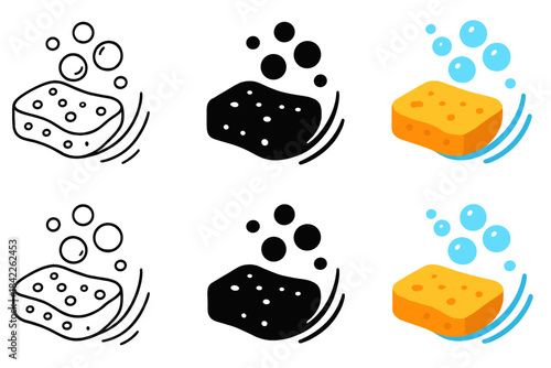 Dynamic Sponge Cleaning. Foamy sponge with bubbles rising and motion arcs showing cleaning action, first in line style with thin