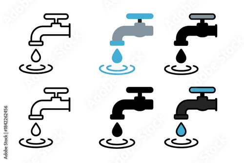 Faucet Art Styles. Sink faucet with running droplet and animated ripple lines, first in line style with thin outline, second in
