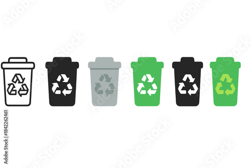 Diverse Recycling Arrows. Recycling bin with three arrow symbol looping first in line style with thin outline, second in solid