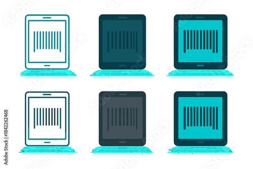Barcode Design Variations. Digital barcode on tablet screen glowing grid first in line style with thin outline, second in solid
