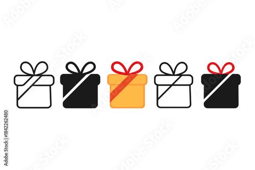 Multistyle Gift Box Designs. Present box with diagonal ribbon crossing the lid first in line style with thin outline, second in