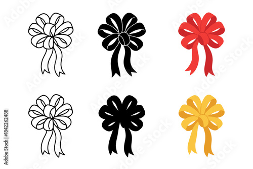 Colorful Ribbon Styles. Bow made from curled ribbon loops and tails first in line style with thin outline, second in solid style